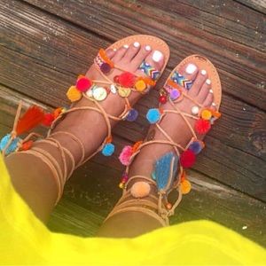 Lace up pom pom Greek sandals